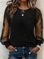 Round-neck Sheer Mesh Top Featuring Starry Glitter Detailing And Long Lantern Sleeves
