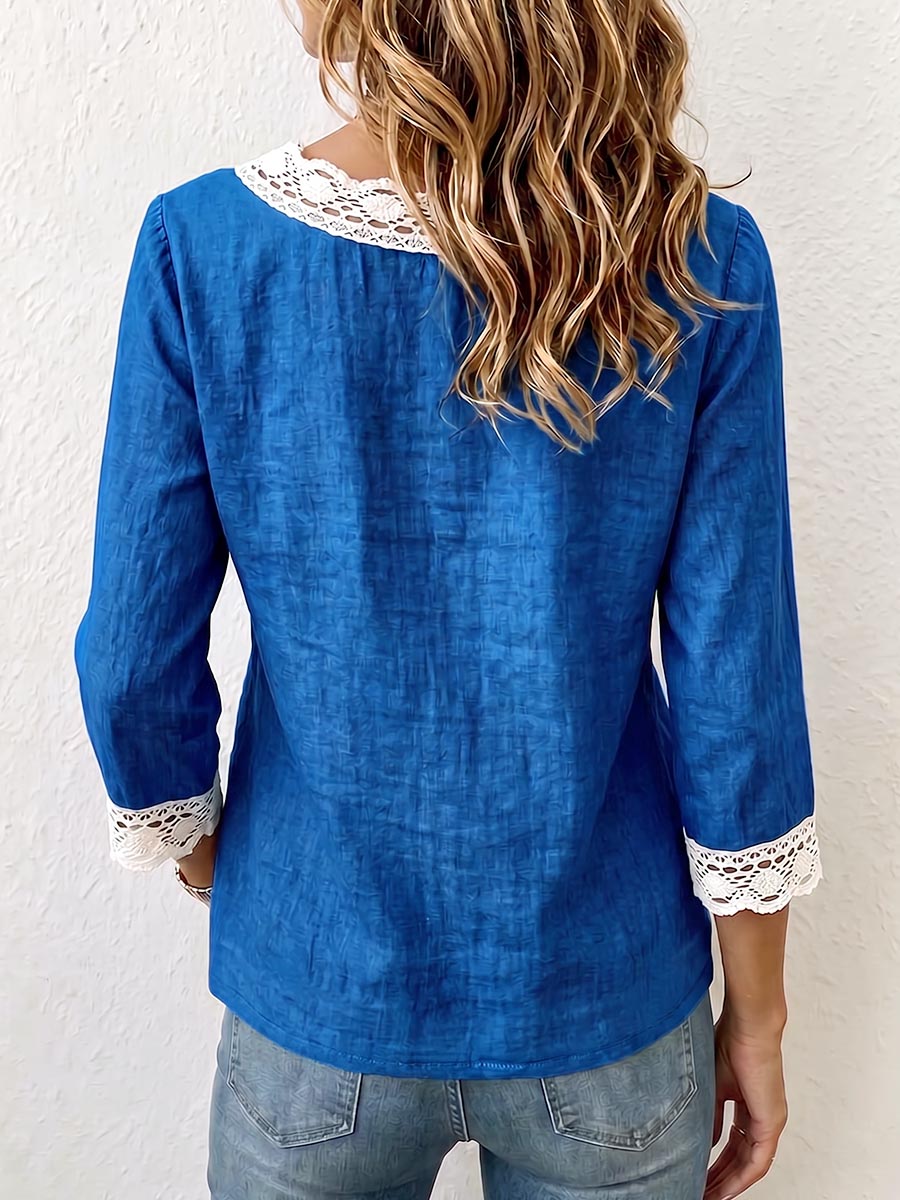 Women's V-neck 3/4 Sleeve Lace-trimmed Casual Loose Cotton And Linen Top