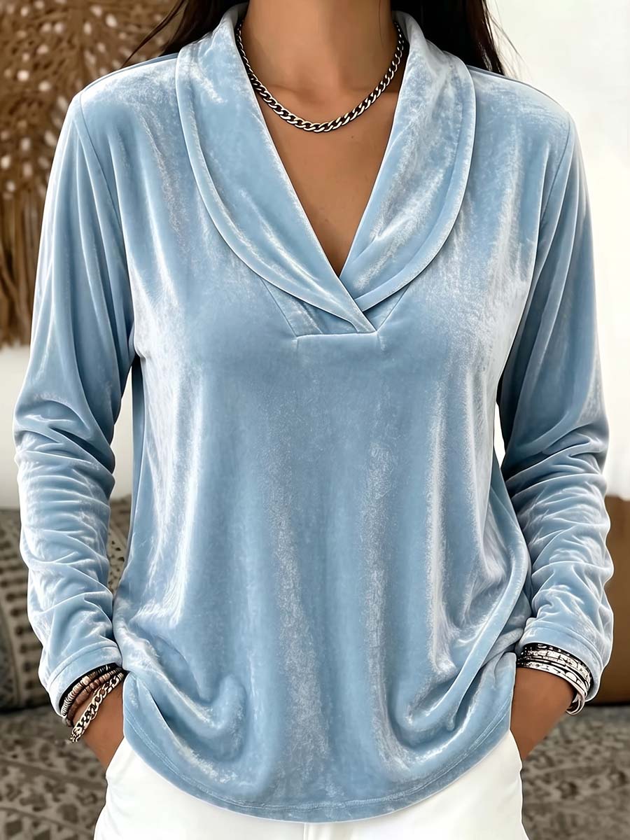 Women's Solid Color Lapel Long-sleeved Casual Loose Velvet Top