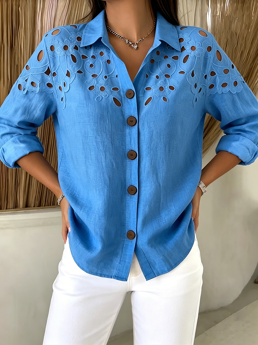 Blue Cut-out Lace Cotton-linen Shirt