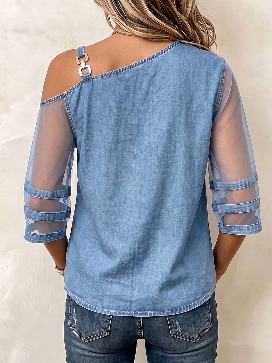 Women's Off-shoulder Neckline 3/4 Sleeves Casual Loose Denim Patchwork Mesh Top