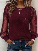 Round-neck Sheer Mesh Top Featuring Starry Glitter Detailing And Long Lantern Sleeves