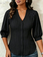 Lace-paneled V-neck Blouse Featuring Vertical Pleats, A Fitted Waist, And Puff Three-quarter Sleeves