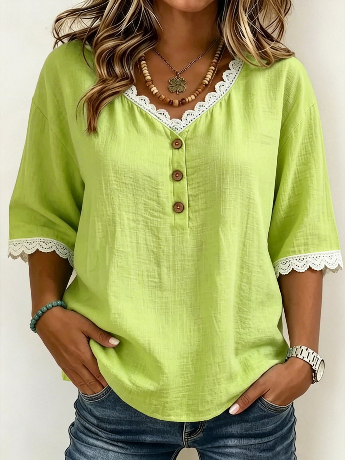 Lace Trim V-neck Half Placket Wooden Button Loose 3/4 Sleeve Linen Blend Top