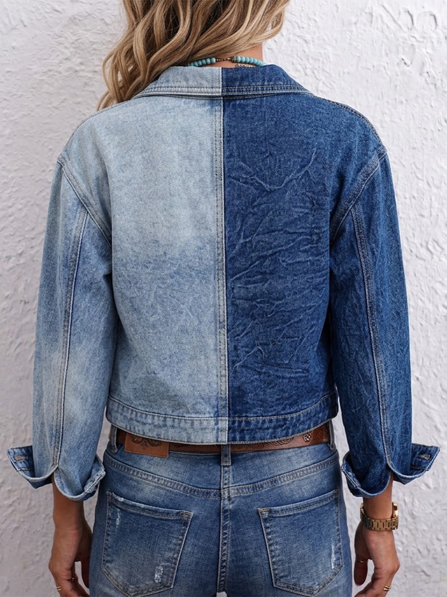 Color-block Cropped Denim Jacket With Inverted Pockets And Paneling