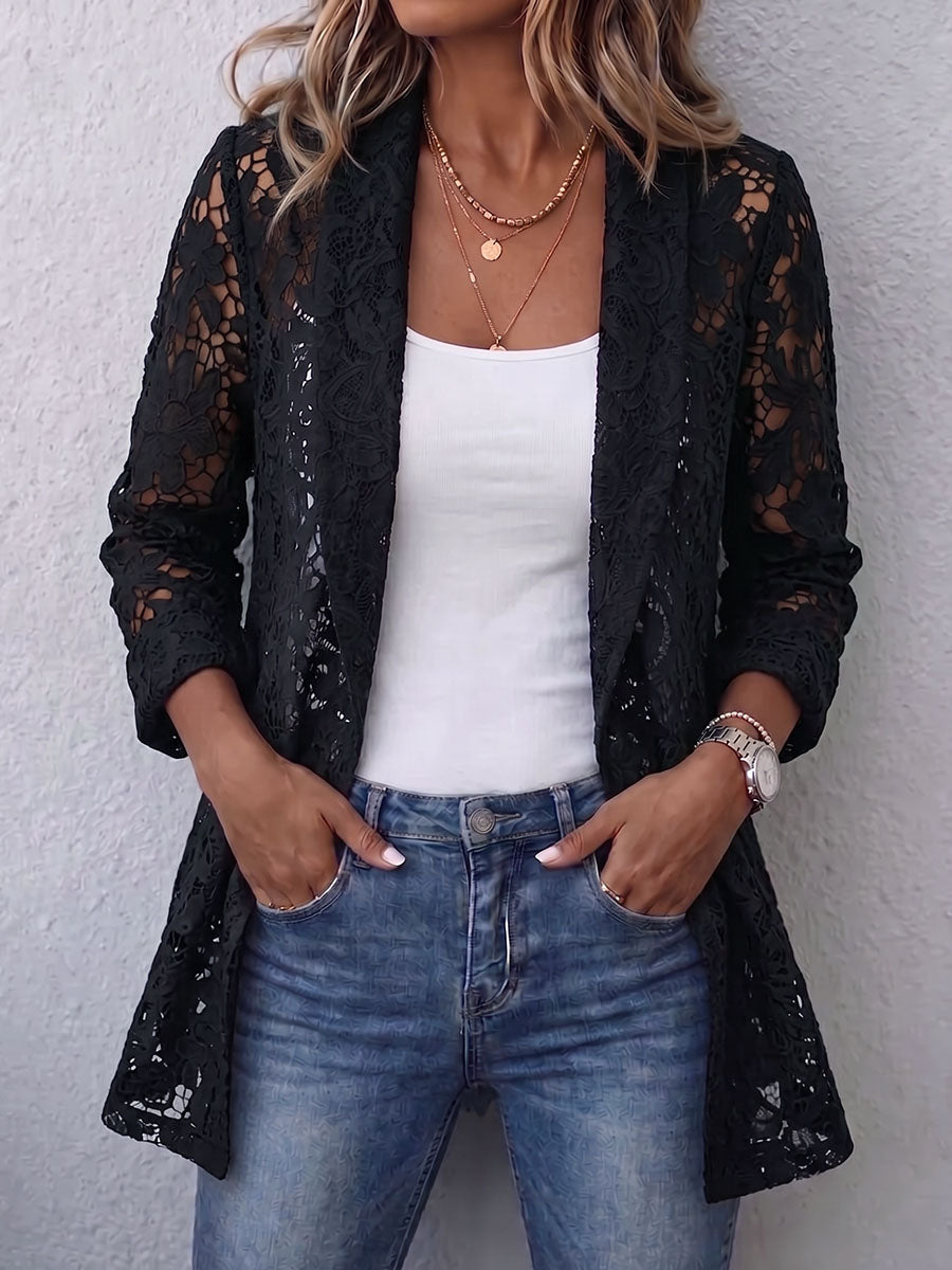 Women's Solid Color Shawl Collar Long-sleeved Casual Loose Lace Embroidered Cardigan