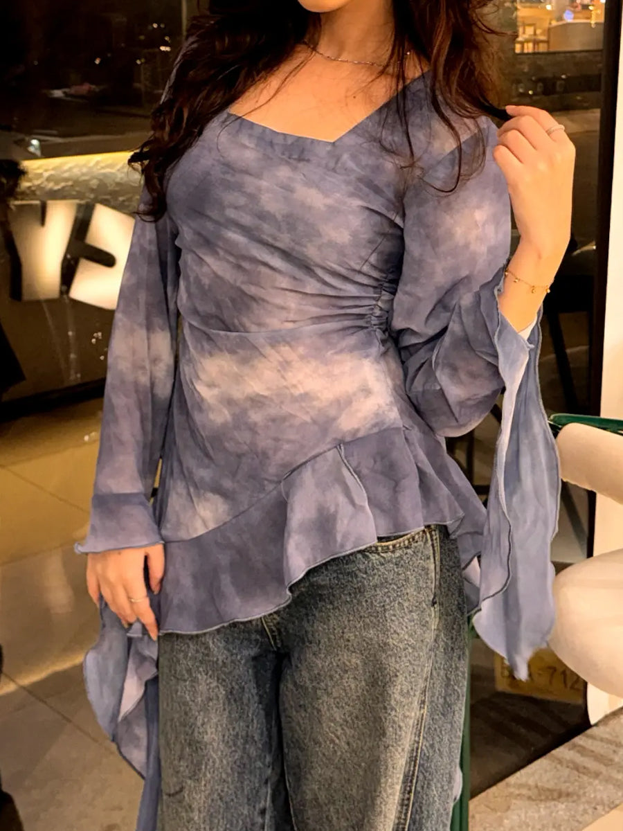 Tie-dye Ruffled Long-sleeve Chiffon Blouse