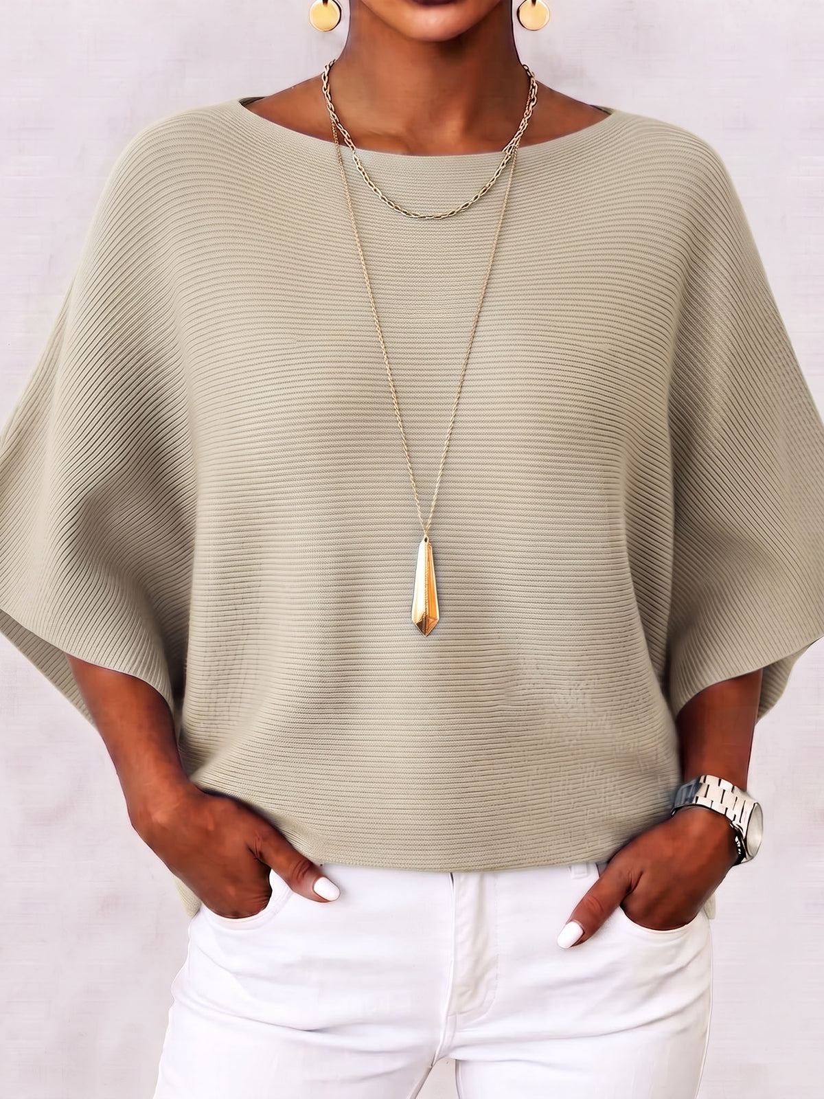 Elegant Boat Neck Batwing Sleeve Ribbed Knit Top
