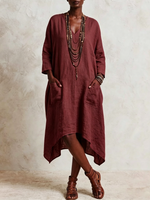 Casual V-neck Cotton-linen Dress With 3/4 Sleeves And An Asymmetrical Hem