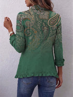 Bohemian-style Linen-cotton Blend Jacket Featuring A Gradient Paisley Print And Ruffle Details.