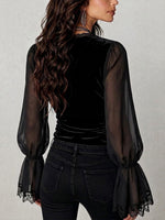 Stylish And Sexy Slim-fit Stretch Velvet Top With Lace Paneling