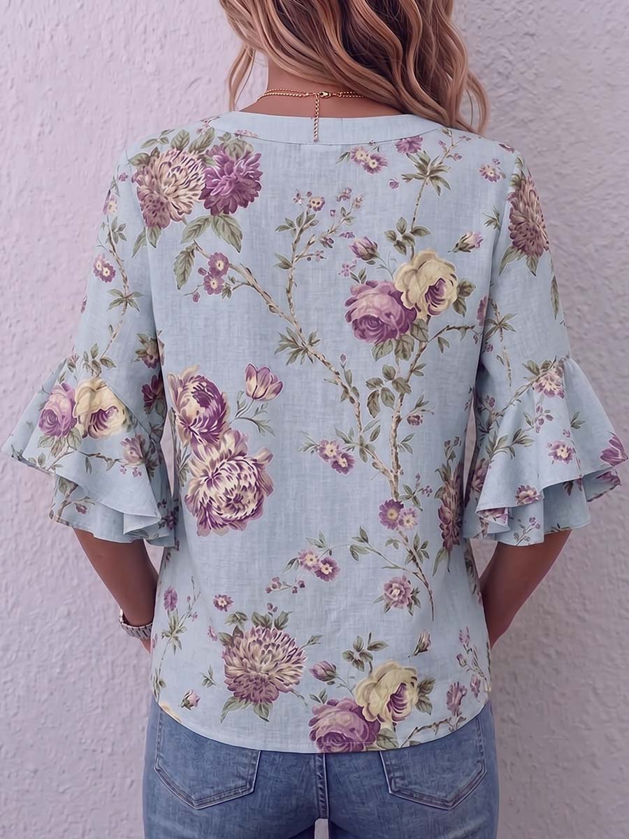 Women's Retro Print V-neck 3/4 Sleeve Casual Loose Cotton Linen Pullover
