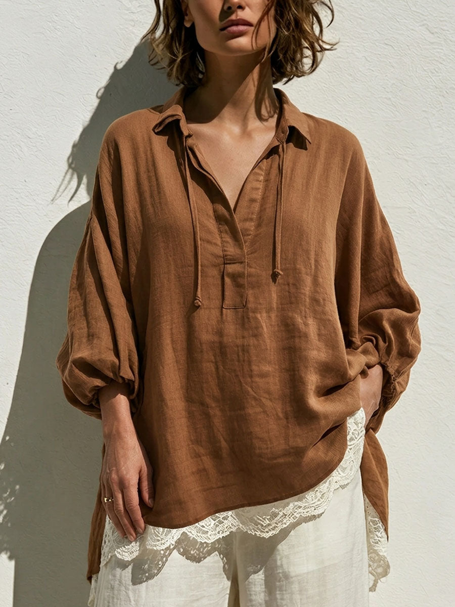 Women's Solid Color Collared 3/4 Sleeve Casual Loose Cotton Linen Patchwork Lace Top