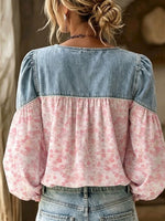Boho-style Floral Patchwork Denim Shirt