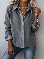 Casual Color-block Denim And Knit Cardigan