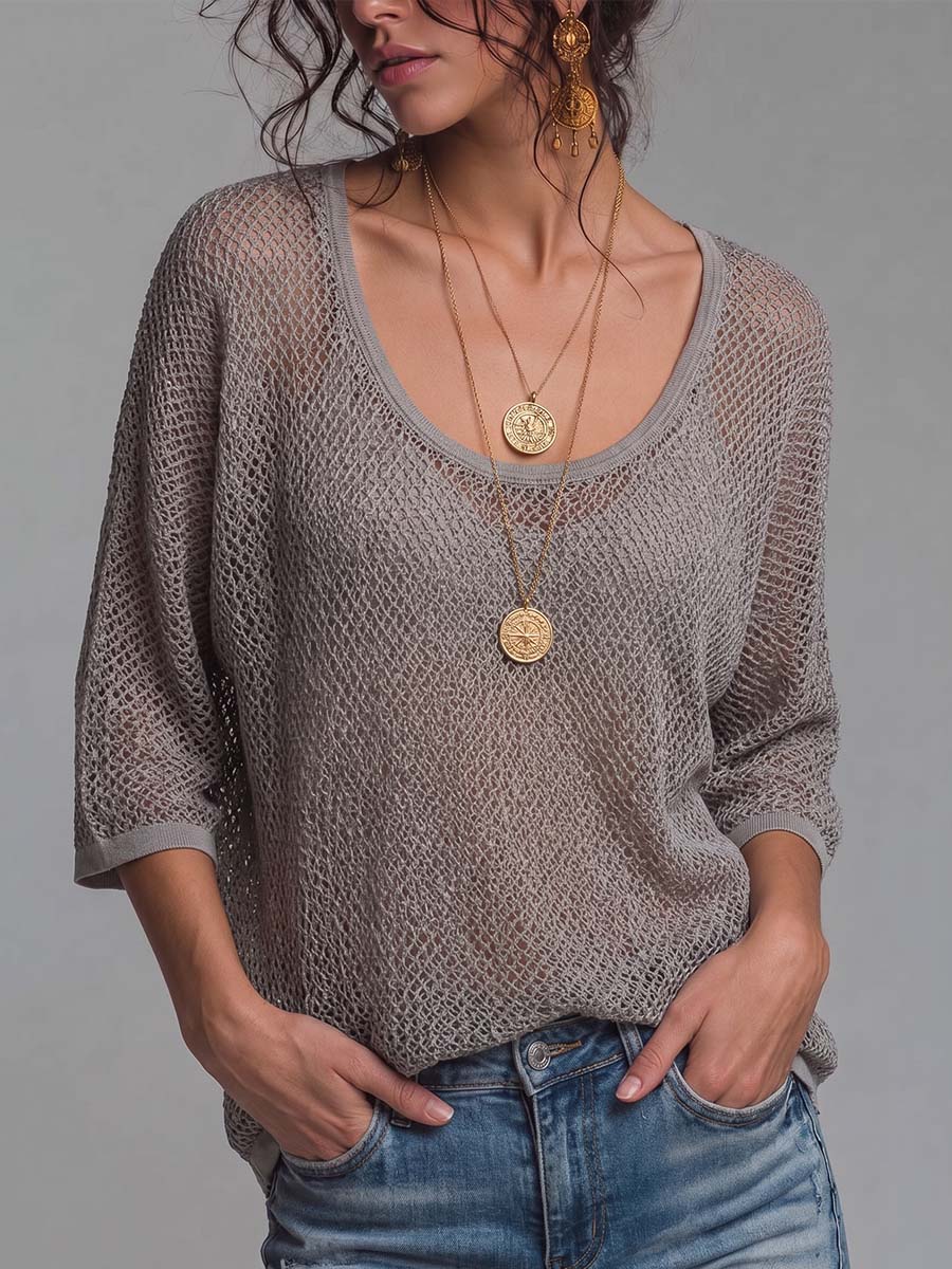 Women's Solid Color Round Neck 3/4 Sleeve Casual Loose Hollow Mesh Top