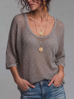 Women's Solid Color Round Neck 3/4 Sleeve Casual Loose Hollow Mesh Top