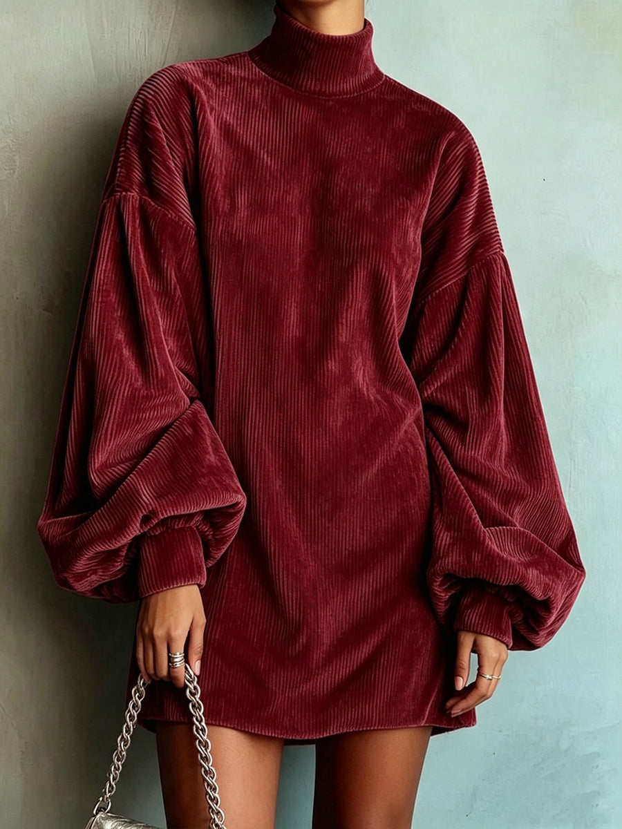 Loose And Cozy Corduroy Lantern-sleeve Mini Dress