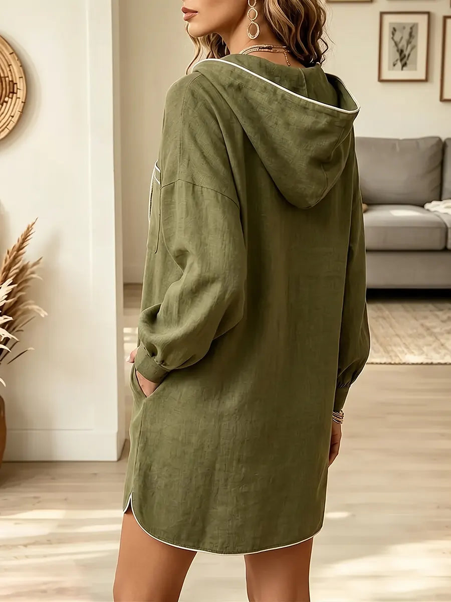Vintage Elegant Cotton And Linen Contrasting Trim Hooded Dress