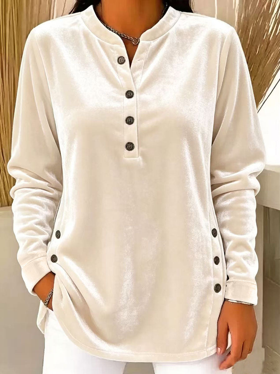 Women's Solid Color Henley Collar Long-sleeved Casual Loose Velvet Top