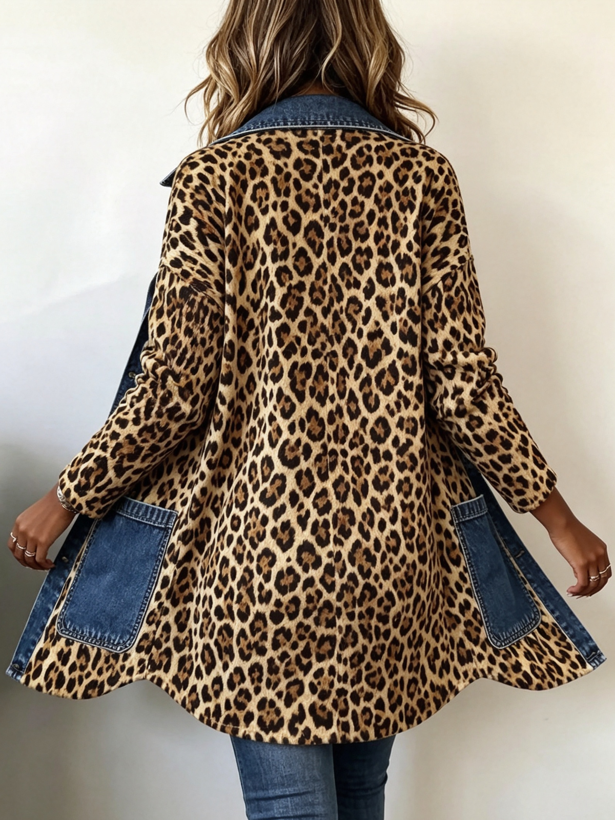 Boho Leopard Print Denim Panel Contrast Casual Longline Jacket