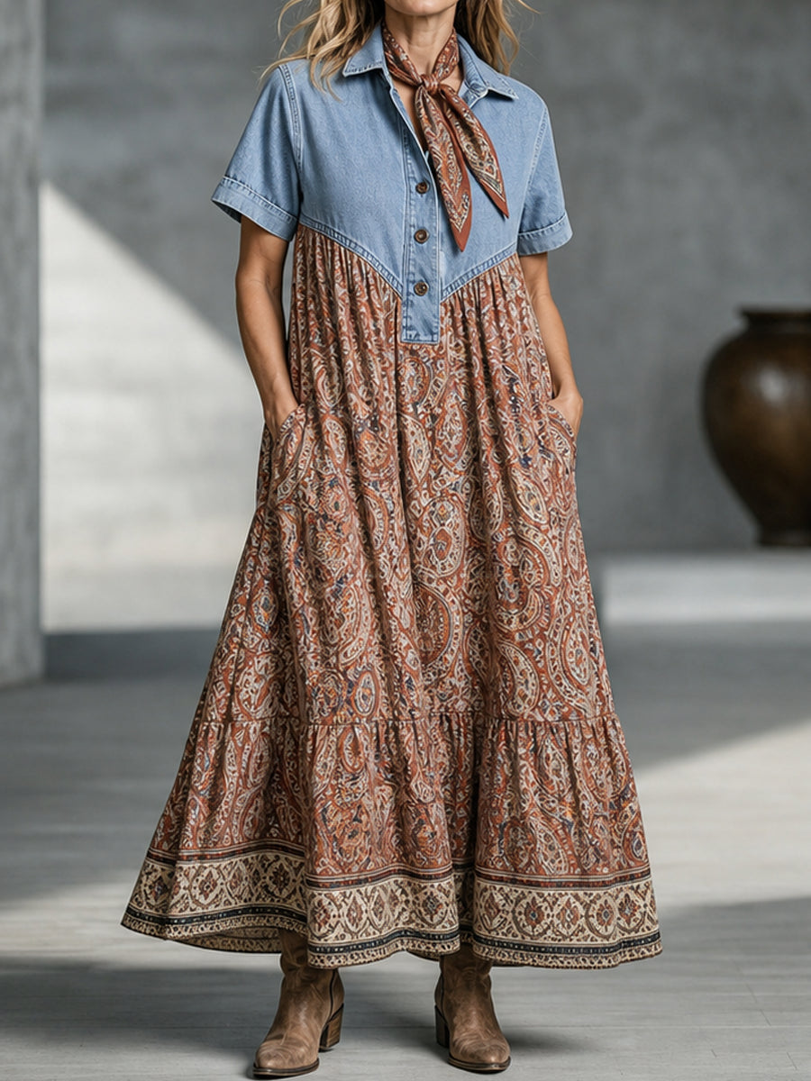 The Western Boho Denim-Patch Paisley Tiered Maxi Dress