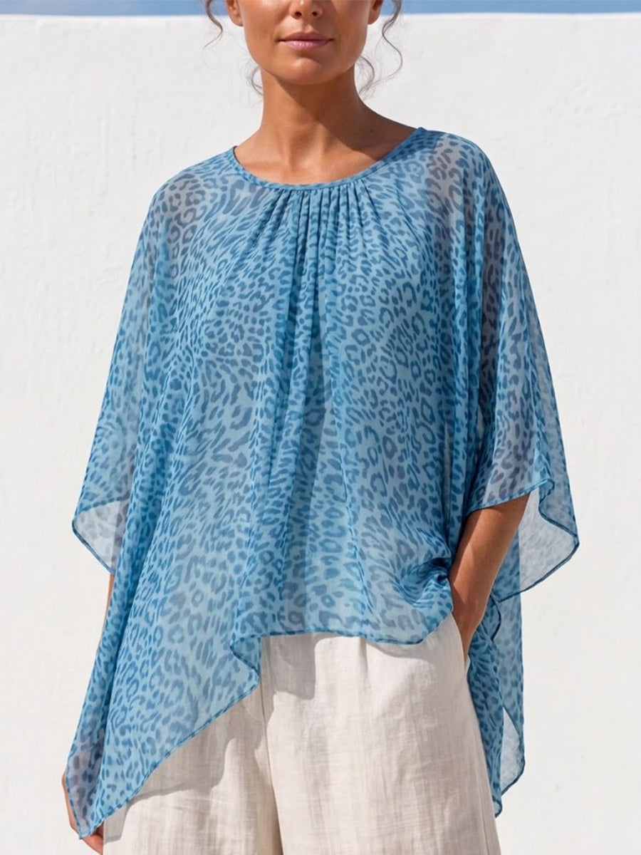 Loose-fitting Chiffon Top With Leopard Print, Round Neck, Gathered Chest Detail, And Batwing Sleeves