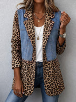 Casual Denim Blazer With Leopard Print Panels