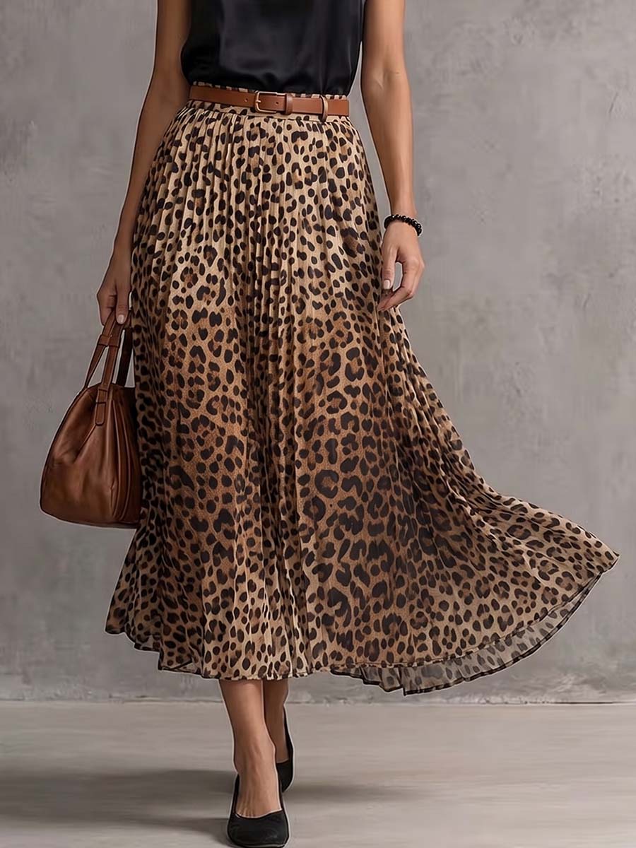 Women's Leopard Print High-waisted Casual Loose A-line Chiffon Midi Skirt