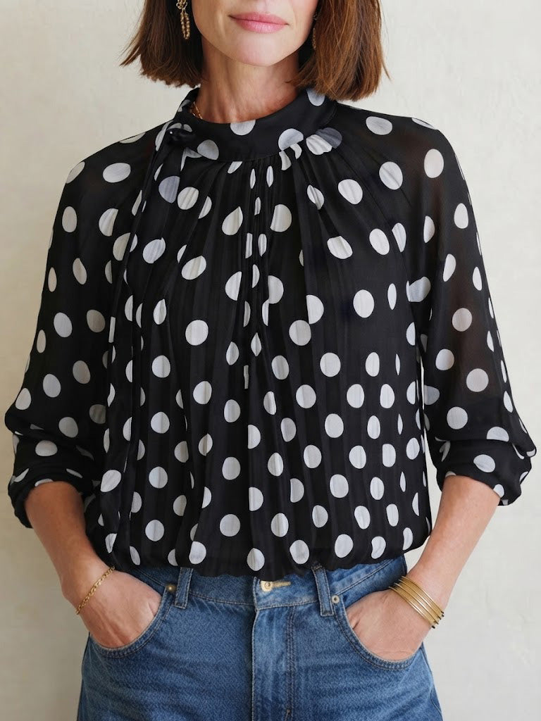 Elegant, Loose-fitting Women's Blouse Featuring Polka Dots, A Tie-neck, And Sheer Lantern Sleeves