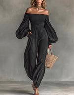 Women's Off-shoulder Long-sleeved Pleated Fabric Solid Color Jumpsuit