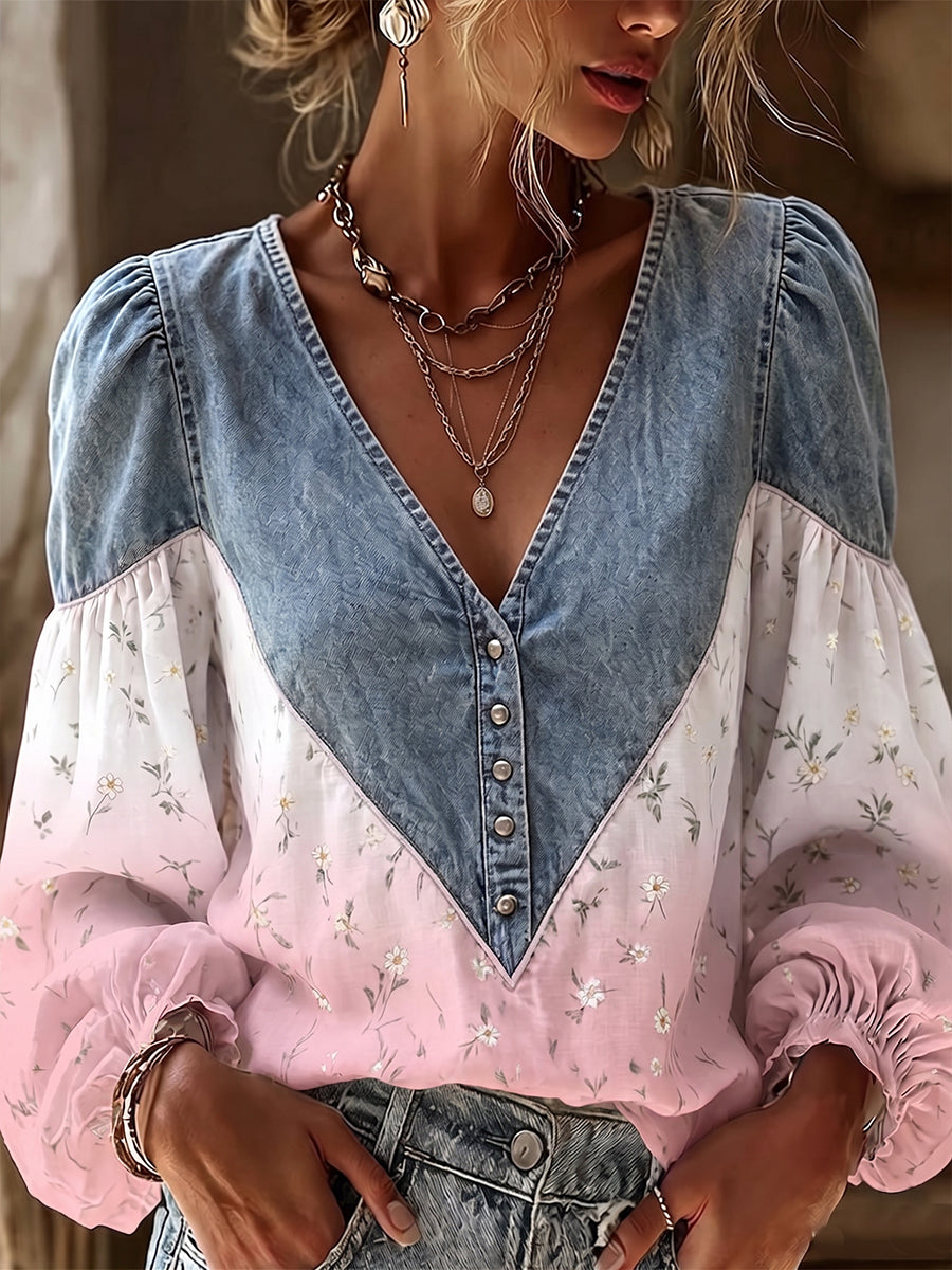 Vintage Denim Spliced Ombre Floral Puff-Sleeve Top