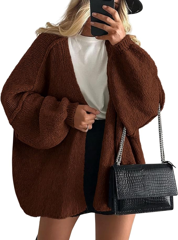Long Lantern Sleeve Knit Open Front Lightweight Sweater