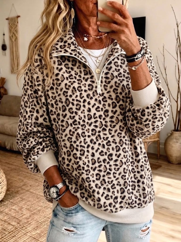 Retro Leopard Print Corduroy Sweatshirt Jacket With Stand Collar And Half-zip