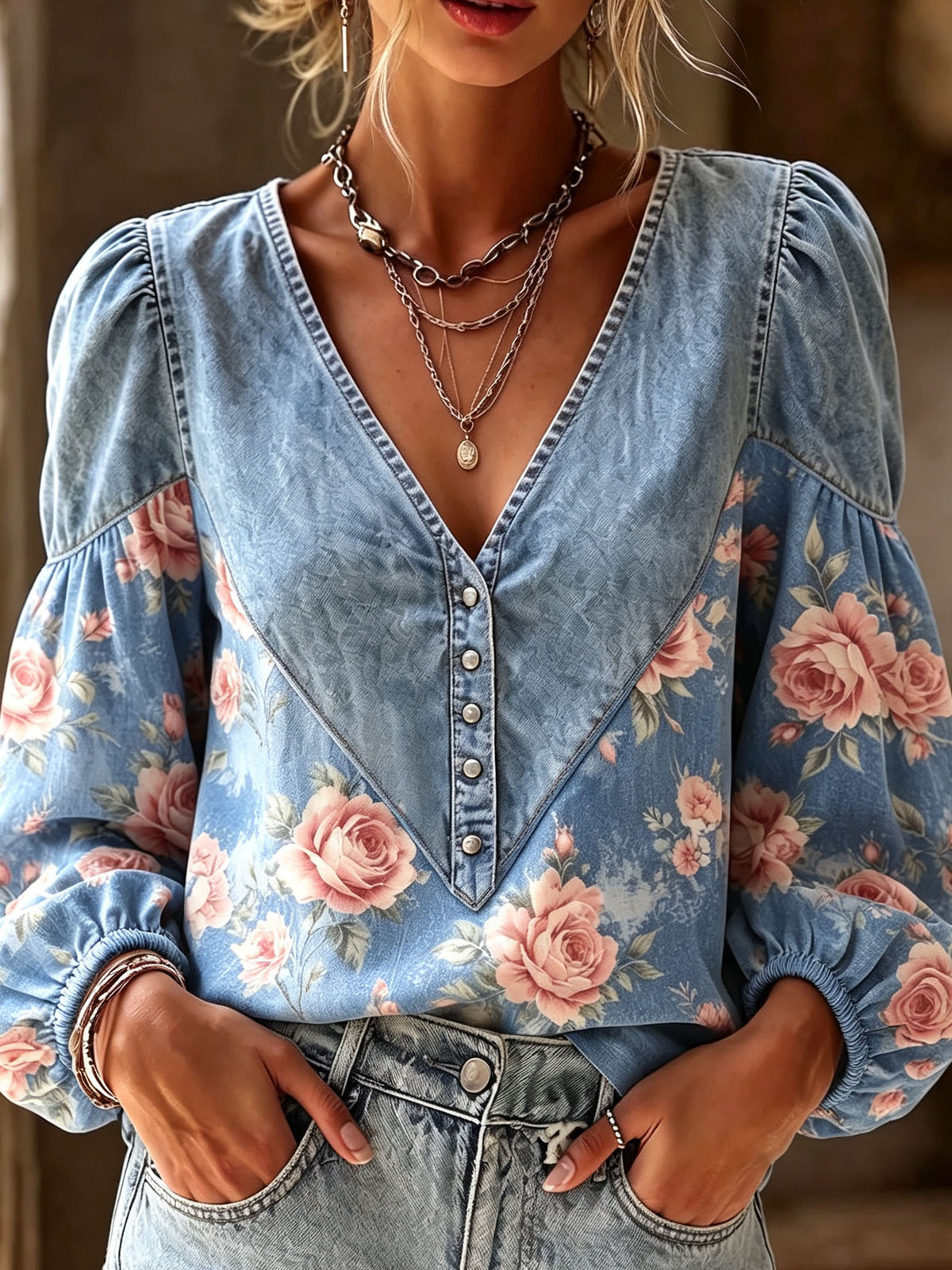 Boho V-neck Floral Print Denim Patchwork Casual Blouse