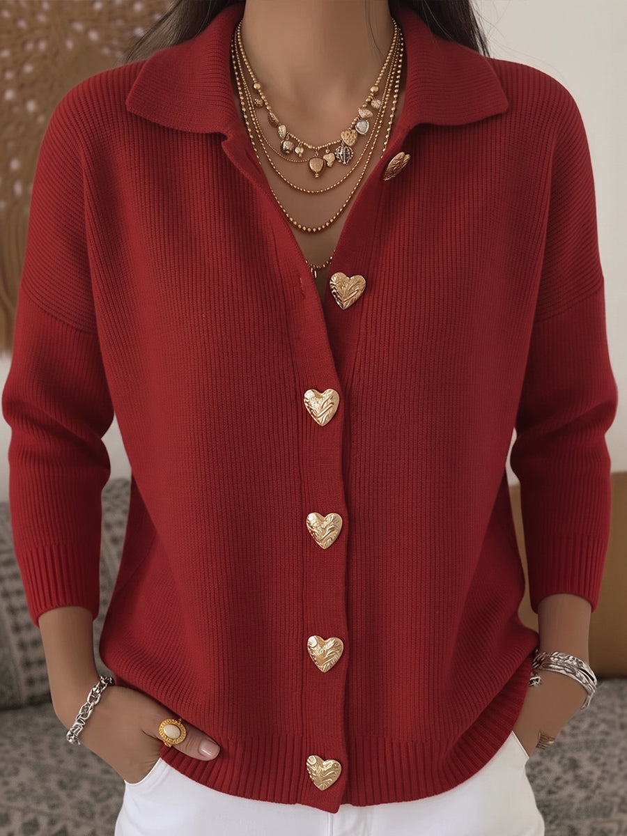 Romantic Red Ribbed Knit Heart-Button Cardigan