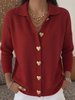 Romantic Red Ribbed Knit Heart-Button Cardigan