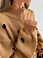 Cozy Half-zip Knit Pullover With Heart Pattern