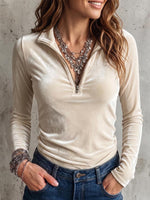 Women's Solid Color Stand Collar Long-sleeved Casual Loose Velvet Top