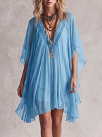 Women's Solid Color V-neck 3/4 Sleeve Casual Loose Chiffon Dress
