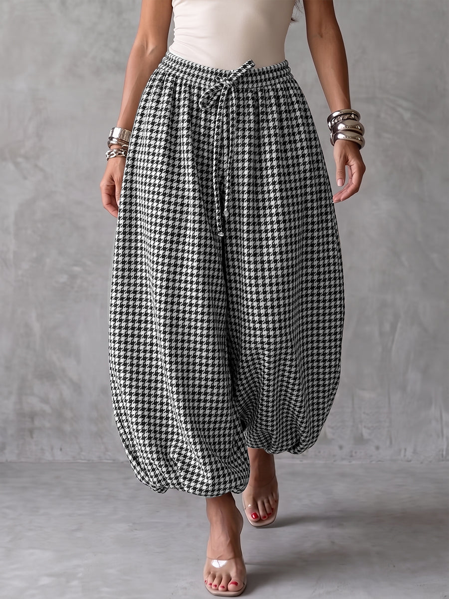 Classic Houndstooth Linen Harem Pants