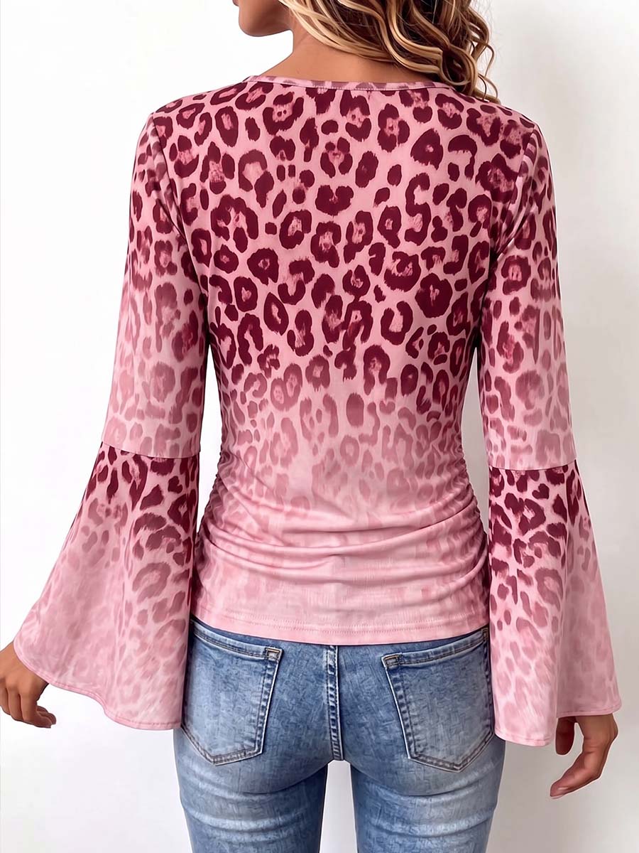 Women's Leopard Print Gradient V-neck Long Sleeve Casual Loose Stretch Top