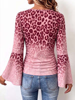 Women's Leopard Print Gradient V-neck Long Sleeve Casual Loose Stretch Top