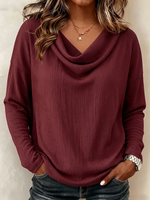 Draped Cowl Neck Textured Drop Shoulder Long Sleeve Casual Top