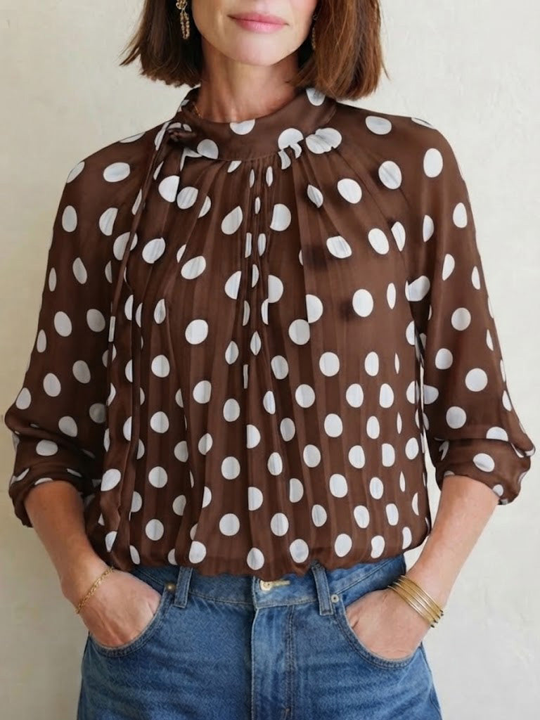 Elegant, Loose-fitting Women's Blouse Featuring Polka Dots, A Tie-neck, And Sheer Lantern Sleeves