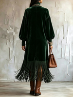 Elegant Velvet Turtleneck Fringe Hem Long Sleeve Dress