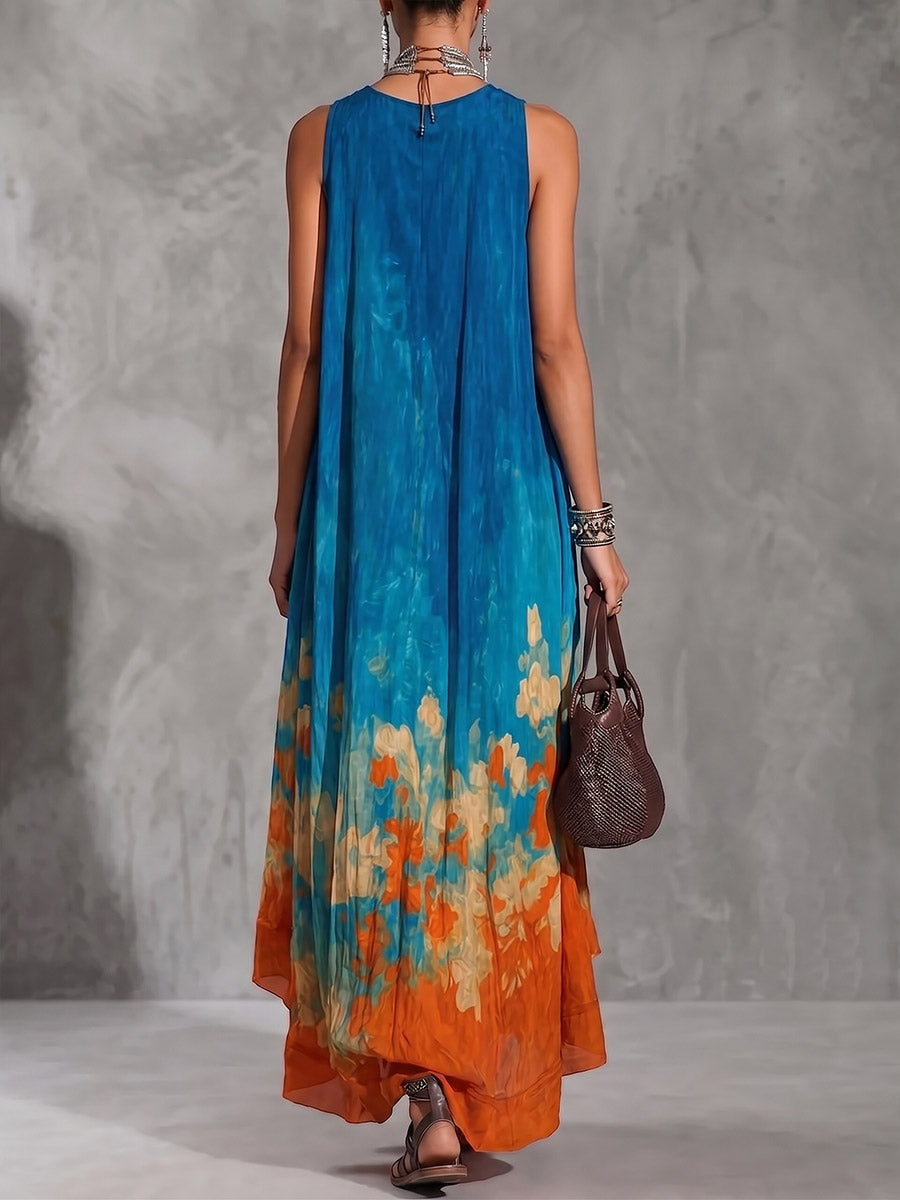 Women's Casual Loose Cotton-linen Dress — V-neck Sleeveless With Placement Print