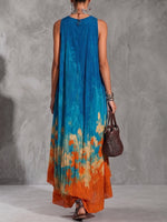 Women's Casual Loose Cotton-linen Dress — V-neck Sleeveless With Placement Print