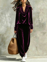 Comfortable And Casual Velvet Cowl-neck Top And Trousers Two-piece Set
