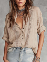 Casual Linen And Cotton Shirt With Lace Splicing